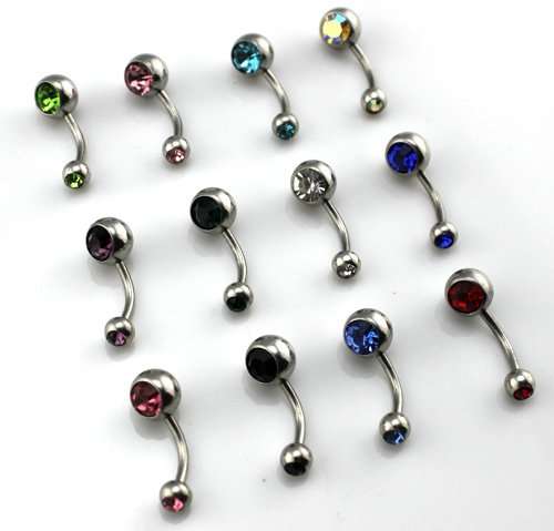 12 Pack of Mixed Color Double Crystal Ball Belly Bars Navel Rings Barbell Stud Button Cute Body Pier