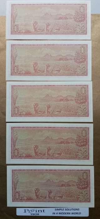 5 X TW DE JONGH R1 BANKNOTES WITH SERIAL NUMBERS IN SEQUENCE (UNC)