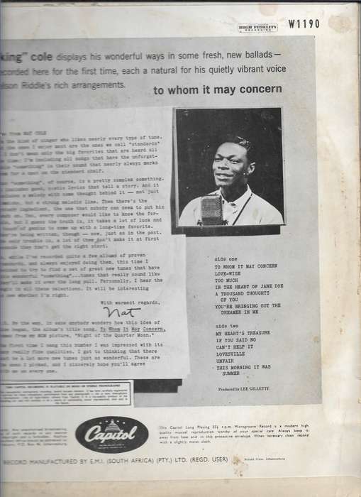 NAT KING COLE- TO WHOM IT MAY CONCERN (LP RECORD)