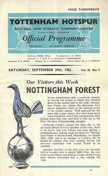 Tottenham Hotspur v Nottingham Forest 1962/63 Div. 1 League Match Programme