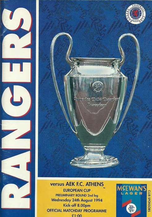 Glasgow Rangers v Aek Athens ( Grecce ) 1994/95 Champions League Pre Rnd 2nd Leg Programme