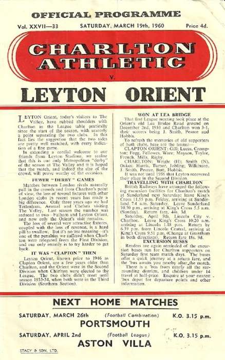 Charlton Athletic v Leyton Orient 1959/60 Division 2 League Match Programme