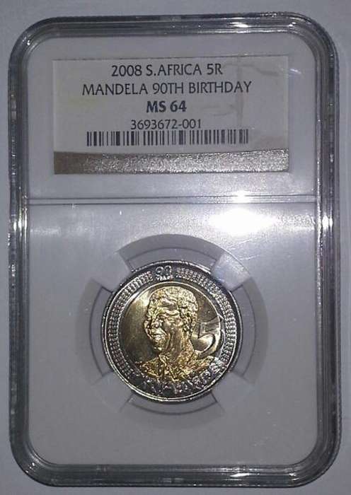 2008 Mandela 90th Birthday R5 Coin NGC Graded MS64