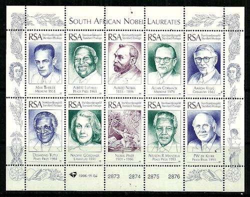 South Africa -1996 South Africa Nobel Laureates Sheet of 10 Stamps MNH