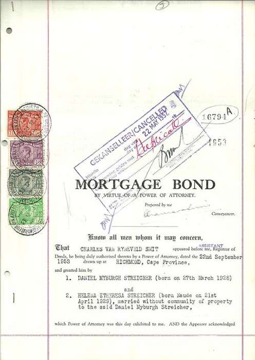 South Africa 1953 Mortgage Bond Document with Revenue Stamps including the 15/-