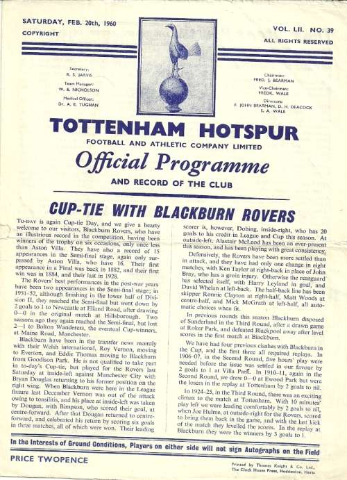 Tottenham Hotspur v Blackburn Rovers 1959/60 FA Cup 5th Rnd Match Programme