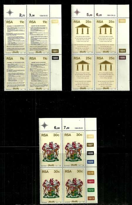South Africa - 1984 New Constitution Full Set of Control Blocks of 4 MNH