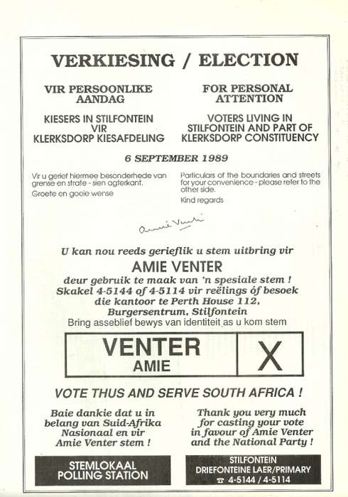 South African National Party -  Klerksdorp 1989 Election Party Candidate Hand Advert