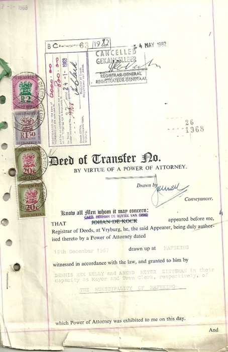 South Africa 1967 Dead of Transfer Document with Revenue Stamps
