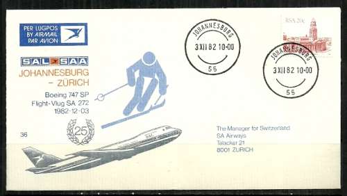 SAA - 1982 Johannesburg - Zurich Boeing 747 SP Flight Cover # 36