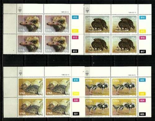 SWA - 1985 Ostriches Full Set of Control Blocks of 4 MNH