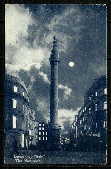 London by Night, The Monument  - United Kingdom Vintage Postcard
