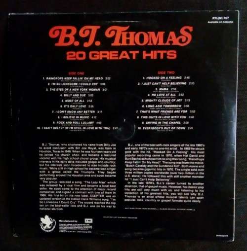 B.J. Thomas 20 Great Hits LP Vinyl Record
