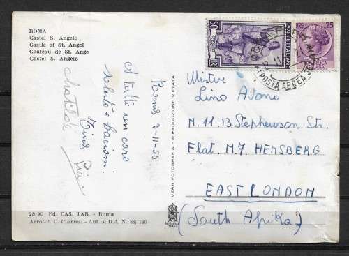 Roma, Castle of St. Angel - Italy Postcard Posted 1955 to East London, South Africa