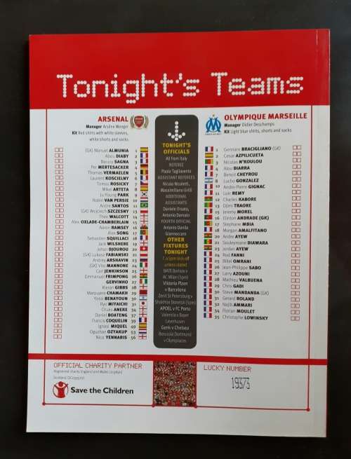 Arsenal vs Olympique Marseille (France) 2011/12 UEFA Champions League Group Stage Match Programme