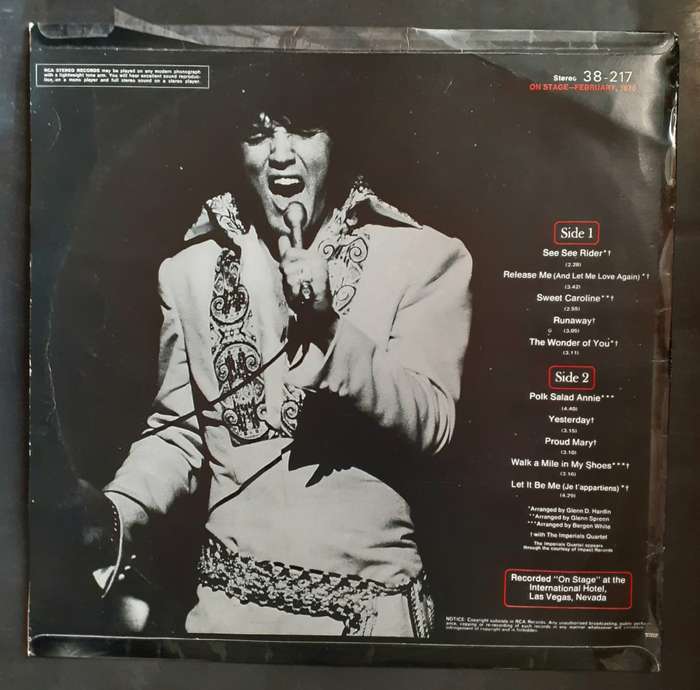 Elvis Presley - On Stage February, 1970 LP Vinyl Record