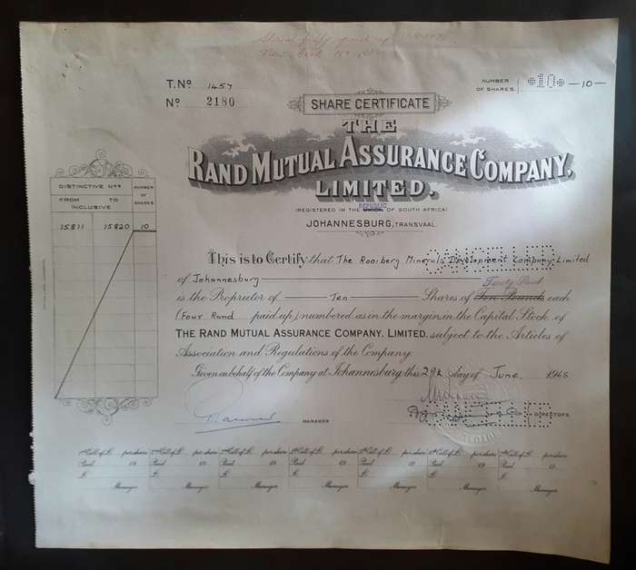 Rand Mutual Assurance Company Limited Share Certificate - dated 1965