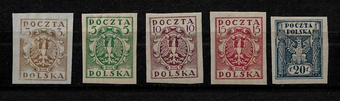Poland - 1919 Definitive Issue Imperf Part Set of 5 Stamps MH