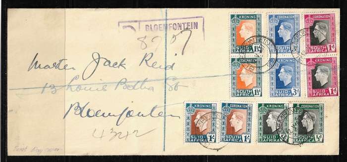 Union of South Africa - 1937 Coronation of KGVI Full Set of Pairs on Cover