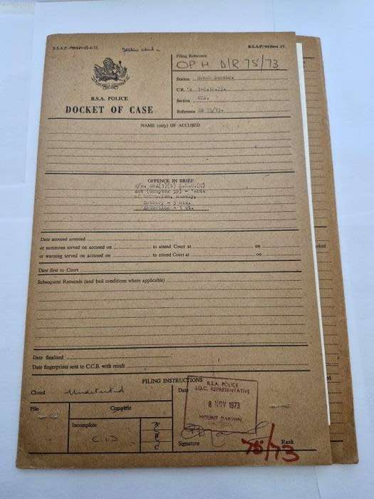 Original Rhodesian BSAP Docket for robbery and abduction at Lismore Farm store in Mount Darwin