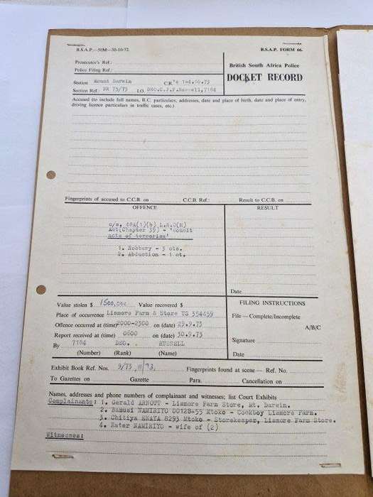 Original Rhodesian BSAP Docket for robbery and abduction at Lismore Farm store in Mount Darwin