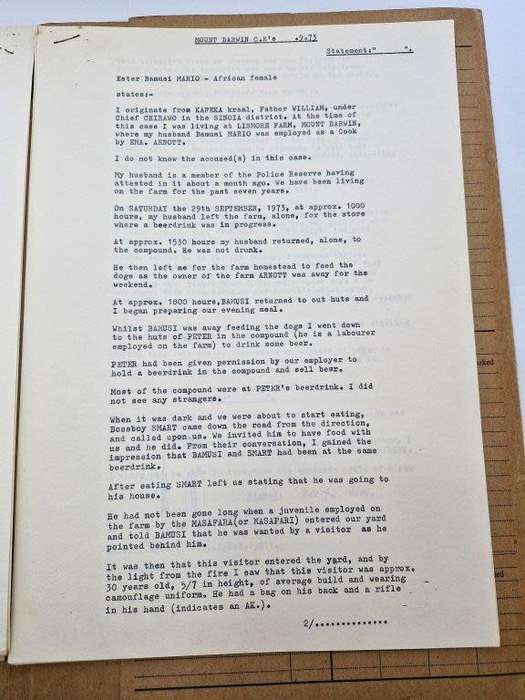 Original Rhodesian BSAP Docket for robbery and abduction at Lismore Farm store in Mount Darwin