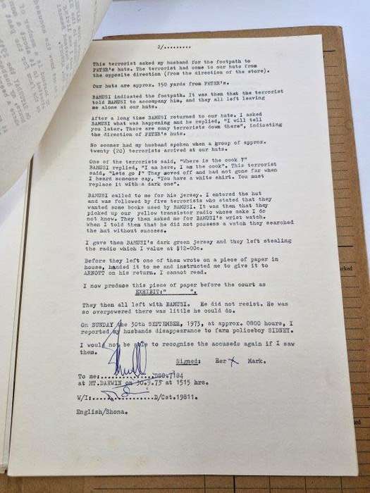Original Rhodesian BSAP Docket for robbery and abduction at Lismore Farm store in Mount Darwin