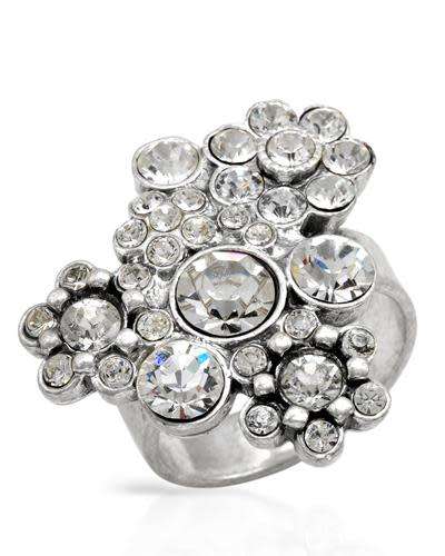 Floral Base Metal Dress Ring with Crystals- Adjustable
