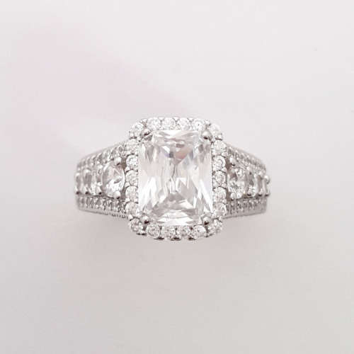 Emerald CZ Halo Ring in Silver- Size 5.75