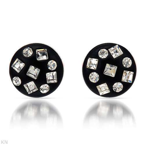 White Crystal and Black Enamel Studs in 925 Sterling Silver
