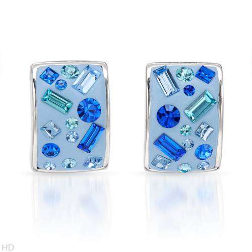 Blue Crystal and Blue Enamel Stud Earrings in 925 Sterling Silver