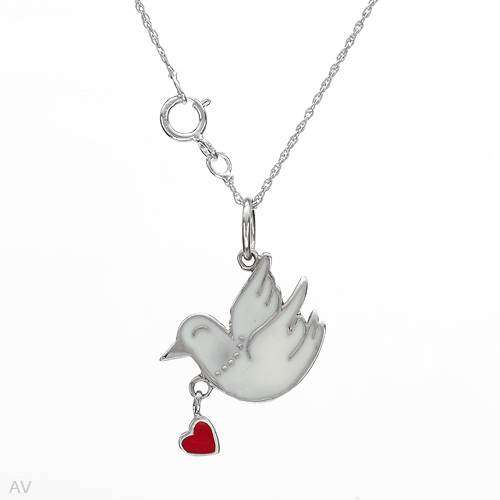 White Enamel Bird Pendant with Necklace in Silver