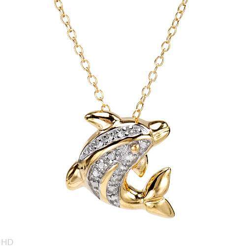 0.01ctw Diamond Dolphin Pendant with Chain in 925 Sterling Silver with 18K Yellow Gold Plated Finish