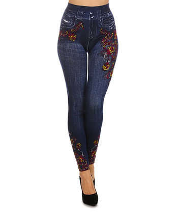 New Ladies Denim Look Slim Skinny Jeans Pants Leggings Floral Random Design