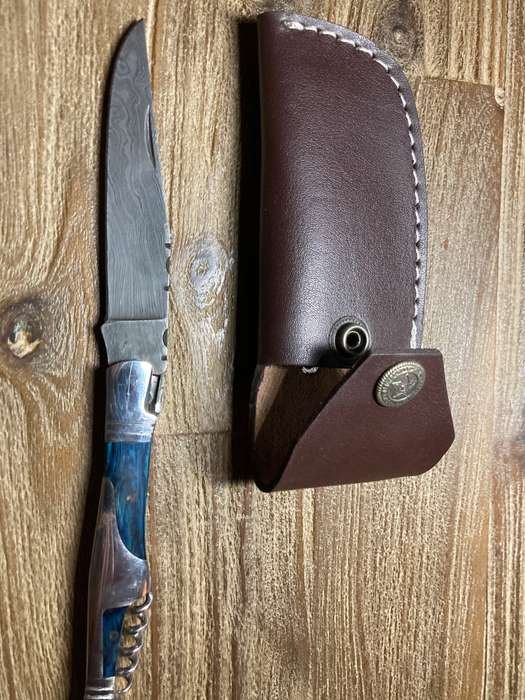New Damascus hunting folding knife with leather sheath