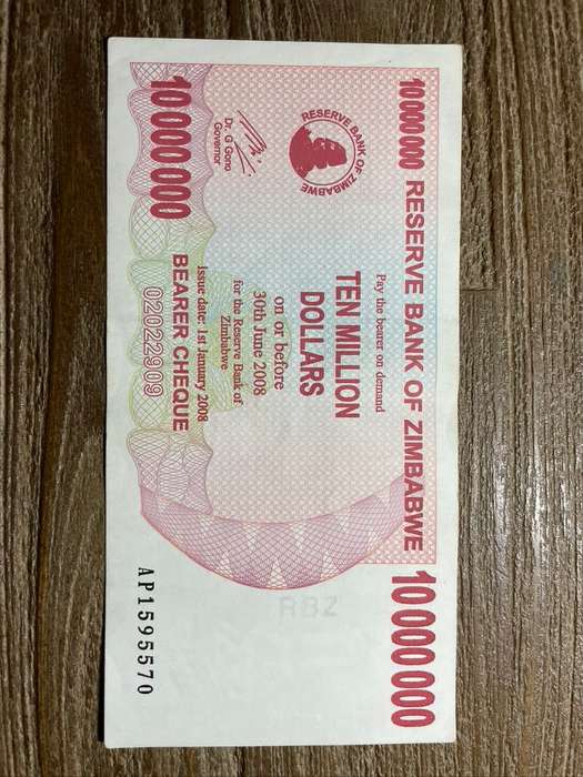 Zimbabwe  *  10 million  *  2008 bearer cheque  *  please refer to picture for grade