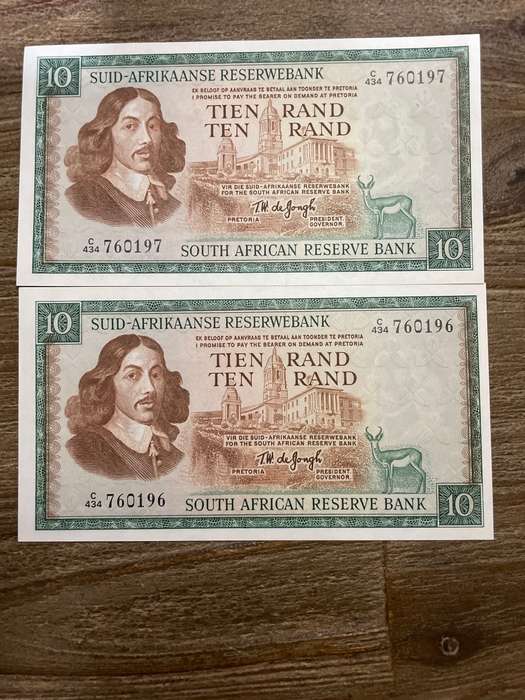 De Jongh *** R10 *** 1975 third issue *** 2 great consecutive notes, scarce