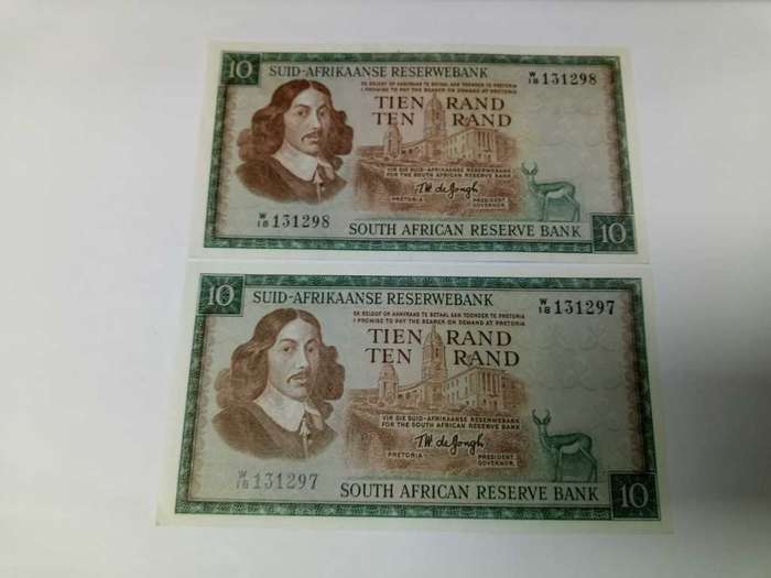 Pair of RSA 10 Rand 1976(TW de Jongh 3rd Issue) - W18 Replacement - EF+ condition