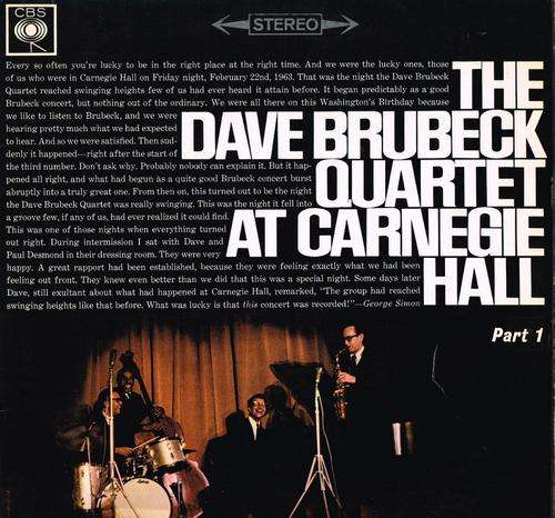 DAVE BRUBECK QUARTET AT CARNEGIE HALL PART 1 - UK CBS pressing LP - Cool Jazz