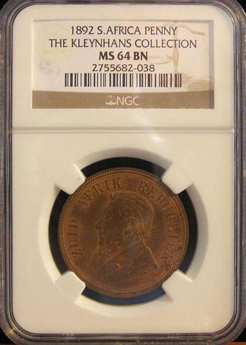 1892 PAUL KRUGER PENNY GRADED MS64 BROWN