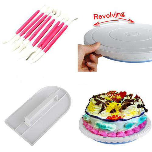 CAKE DECORATING TURNTABLE WITH REVOLVING PLATFORM - CAKE SMOOTHER AND 8 PC MODELLING TOOLS - KIT