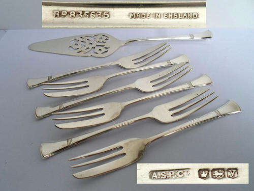 HALLMARKED SILVER CAKE SERVER SET~LIFTER + 6 FORKS BOXED~126.3 GRAMS