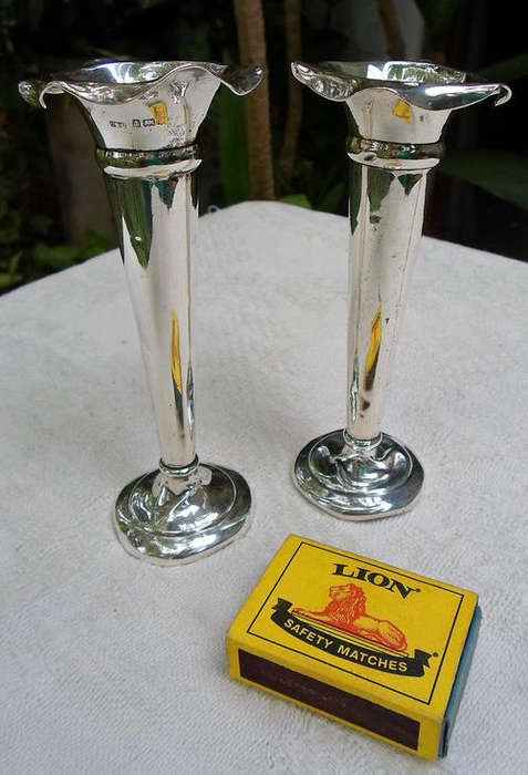 MATCHING PAIR STERLING SILVER HALLMARKED TRUMPET VASES B'HAM 1904