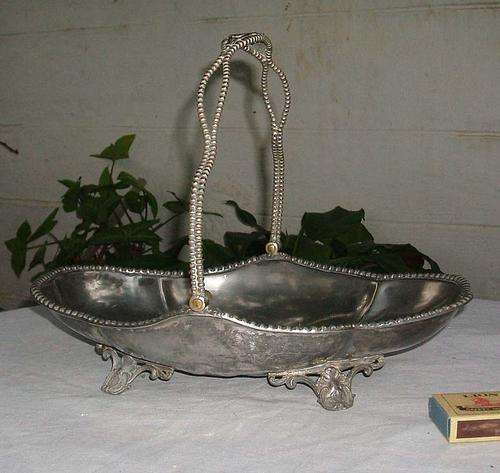 OUTSTANDING ANTIQUE FOOTED~BREAD/FRUIT BASKET~BEAD PATTERN EDGES AND HANDEL~EMBOSSED INSIDE~POST R38