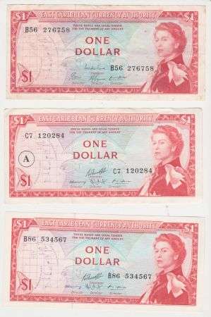 3 x East Carribean one dollar notes - different types
