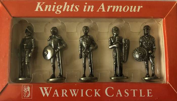 WESTAIR - WARWICK CASTLE- SET OF 5 PEWTER KNIGHTS IN ARMOUR - NEW STILL IN UNOPENED BOX
