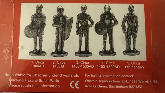 WESTAIR - WARWICK CASTLE- SET OF 5 PEWTER KNIGHTS IN ARMOUR - NEW STILL IN UNOPENED BOX
