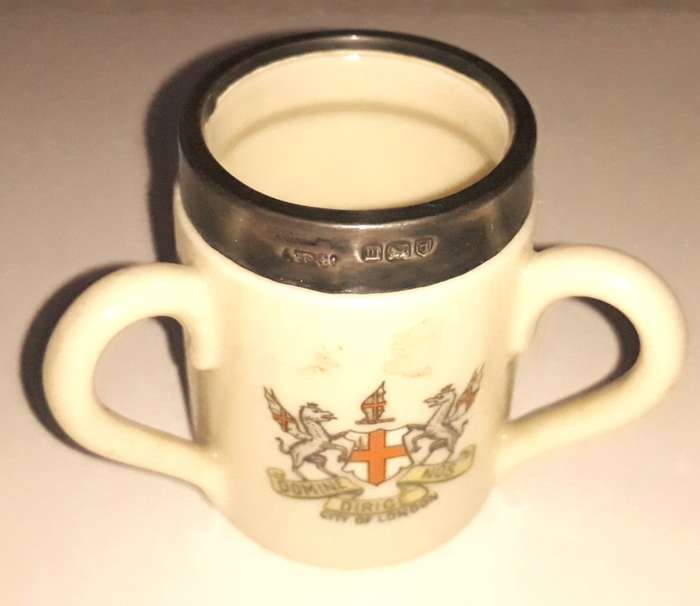 Vintage City of London Silver Rimmed Miniature Tyg