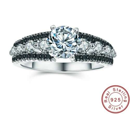 Black & White Cubic Zirconia Sterling Silver Ring Size O/7/17.35MM
