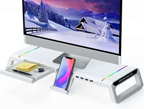 Monitor Riser Desk with LED Lights and Drawers